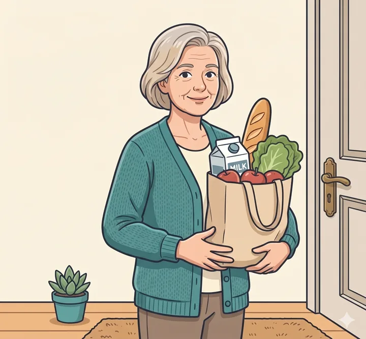 A neighbor holding a bag of groceries
