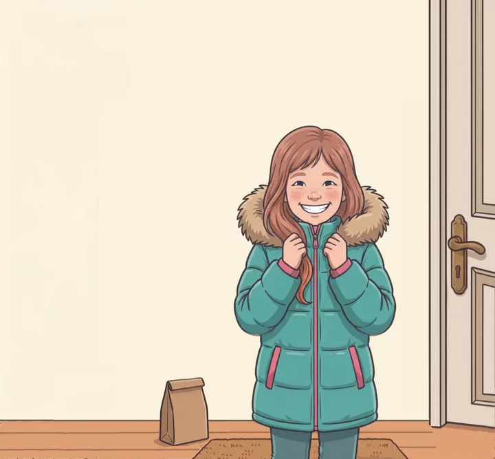 A young girl beaming in a new warm coat that fits