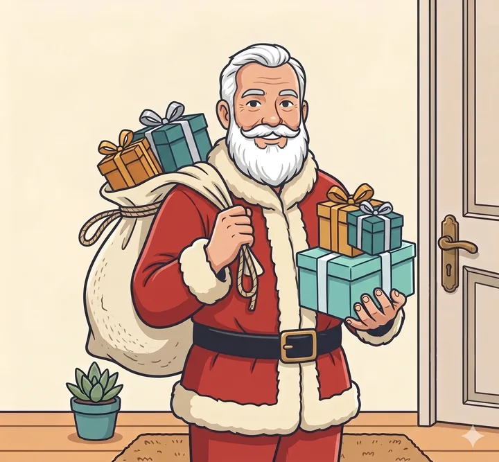 Santa beside a sack of gifts