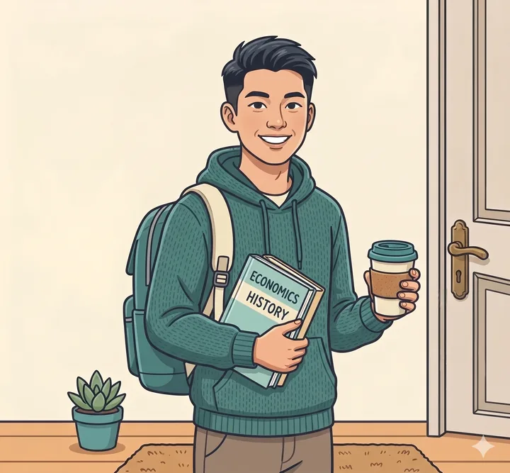 A college student with books and coffee