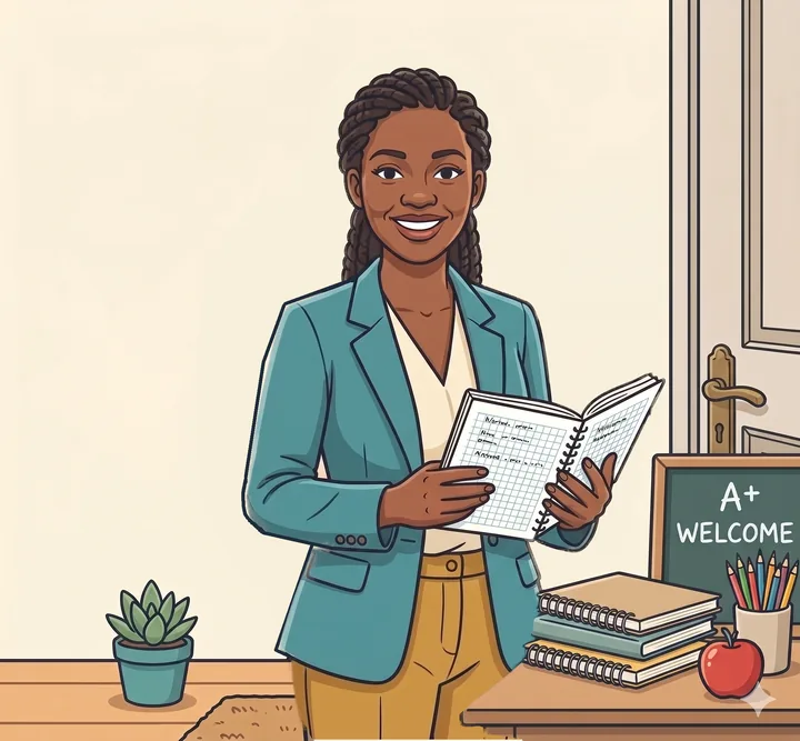A teacher with classroom supplies